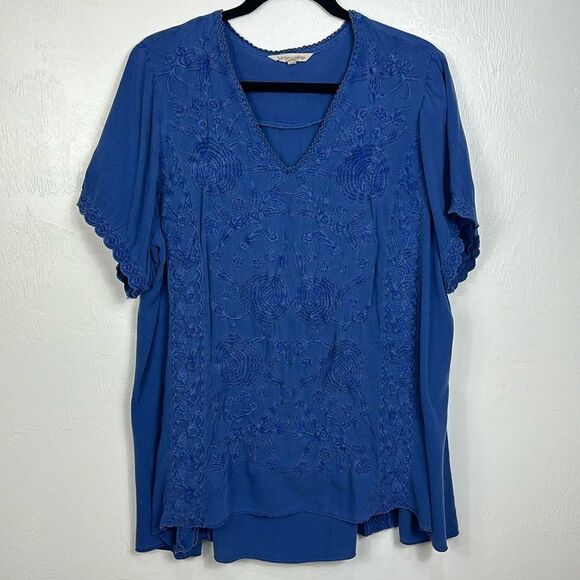 Soft Surroundings Blue Viscose Floral Embroidery Short Sleeve Top Size 2X - Picture 1 of 7